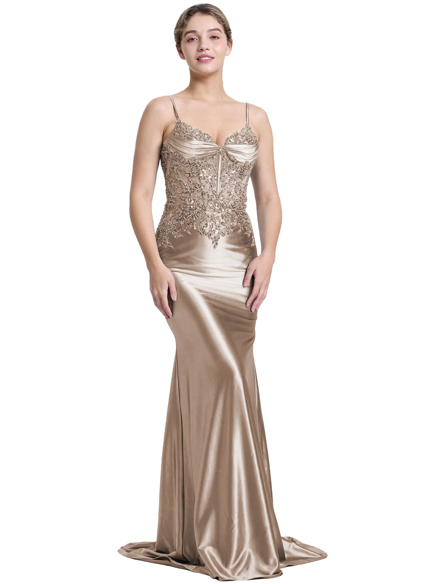 Silk Beaded Prom Dresses Long for Women Mermaid Formal Dresses Spaghetti Straps Evening Party Gowns