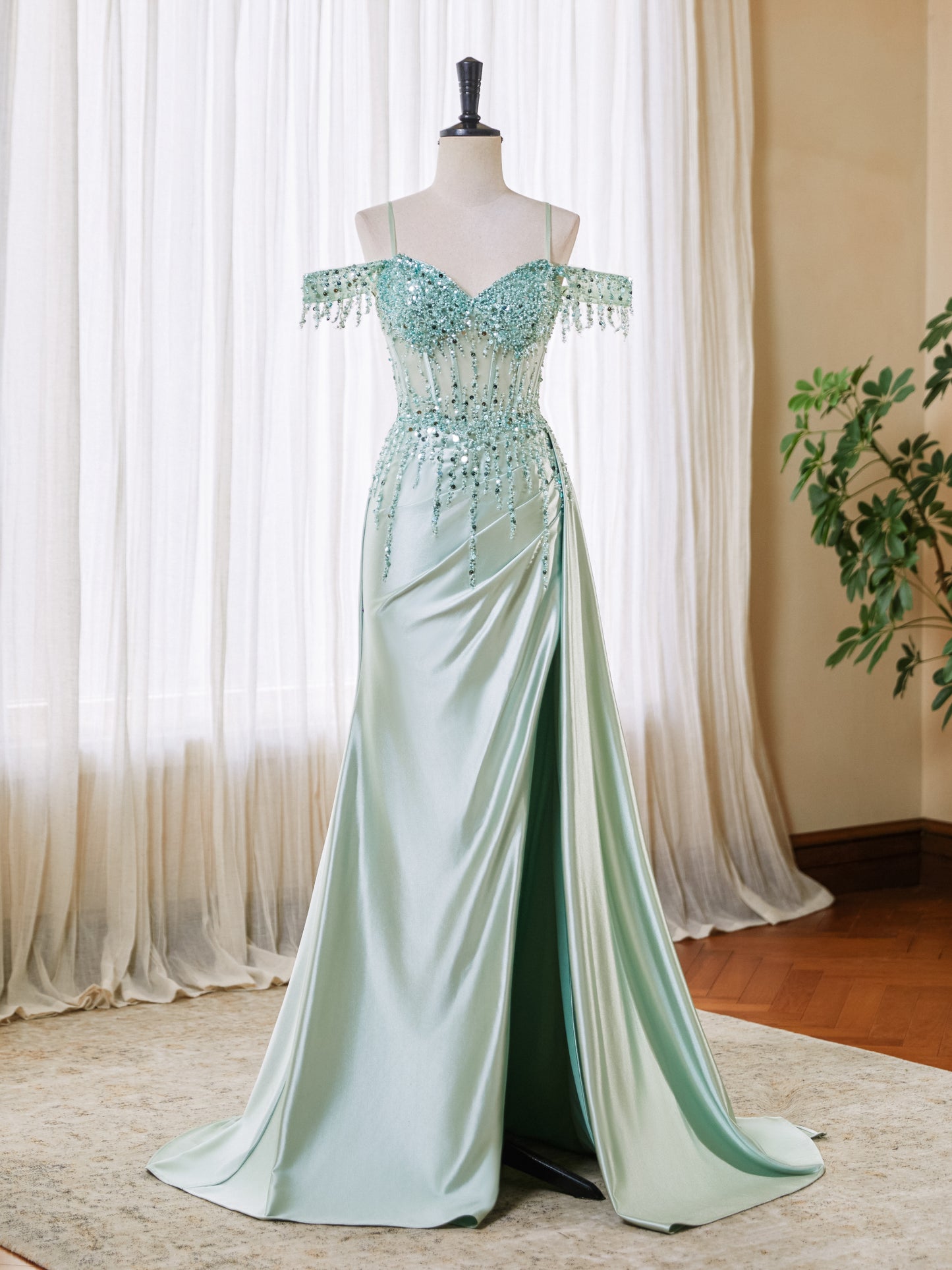 Off Shoulder Mermaid Prom Dresses Satin Corset Evening Gown Sequin Beaded Formal Dress with Slit