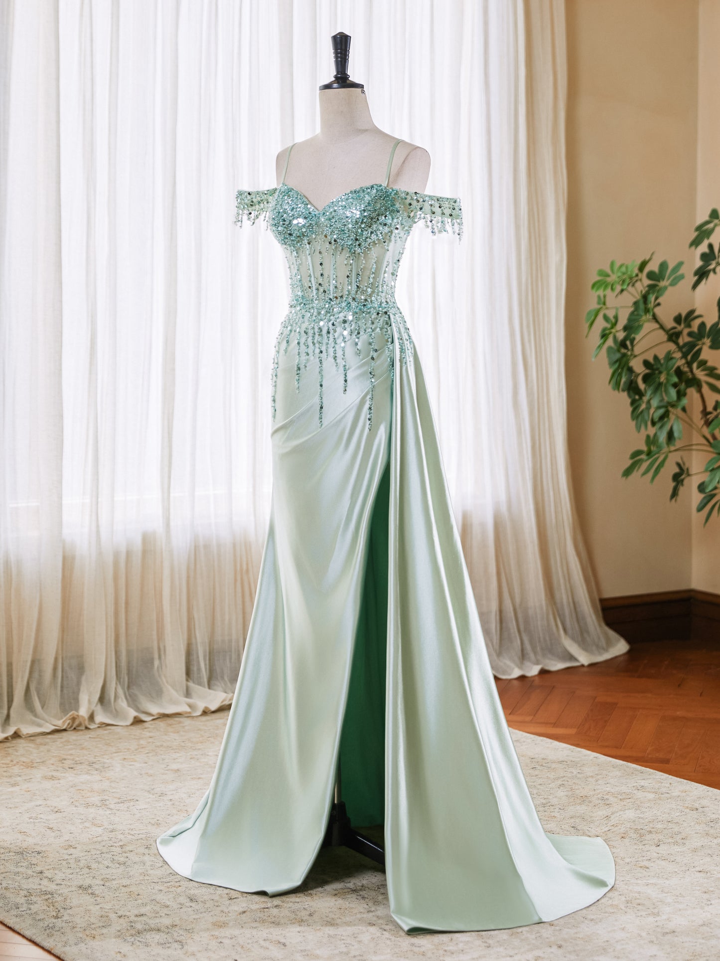 Off Shoulder Mermaid Prom Dresses Satin Corset Evening Gown Sequin Beaded Formal Dress with Slit