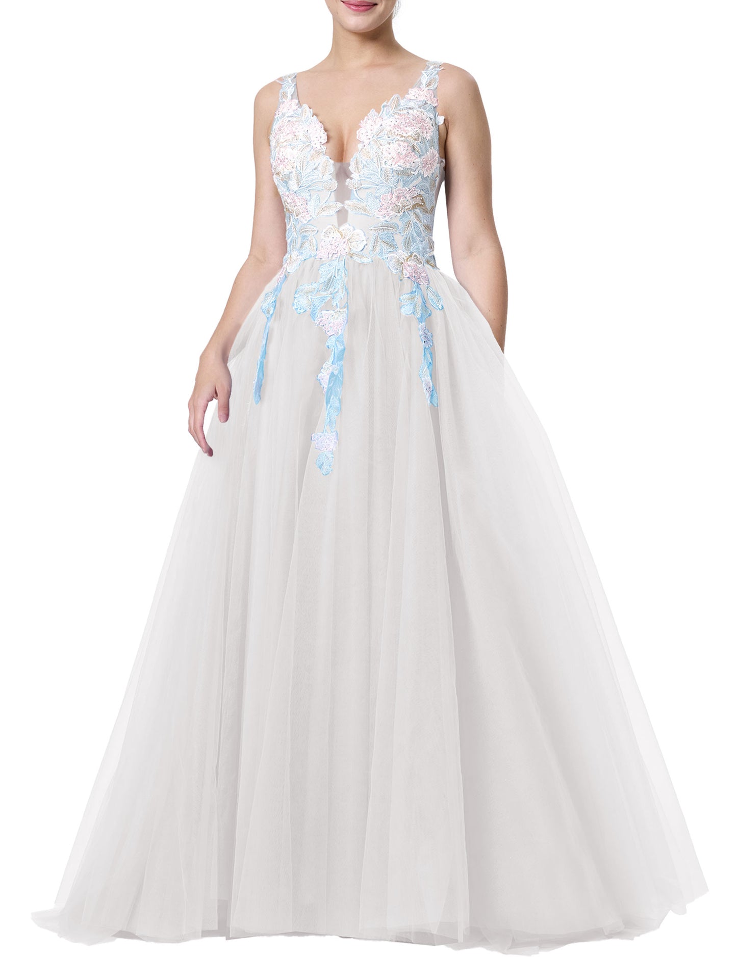 Tulle Prom Dresses V Neck Wedding Dresses Floral Embroidery Applique Quinceanera Dresses