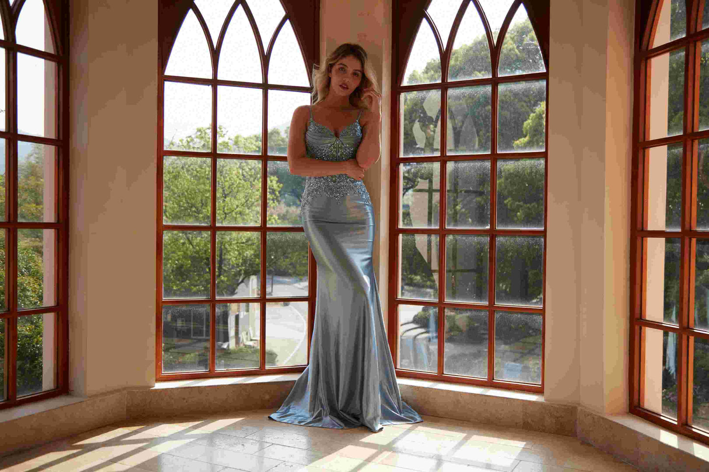 Silk Beaded Prom Dresses Long for Women Mermaid Formal Dresses Spaghetti Straps Evening Party Gowns