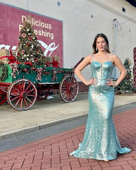 Women's Sequins Prom Dresses Long Mermaid Sexy Spaghetti Straps Formal Evening Ball Gowns 2025