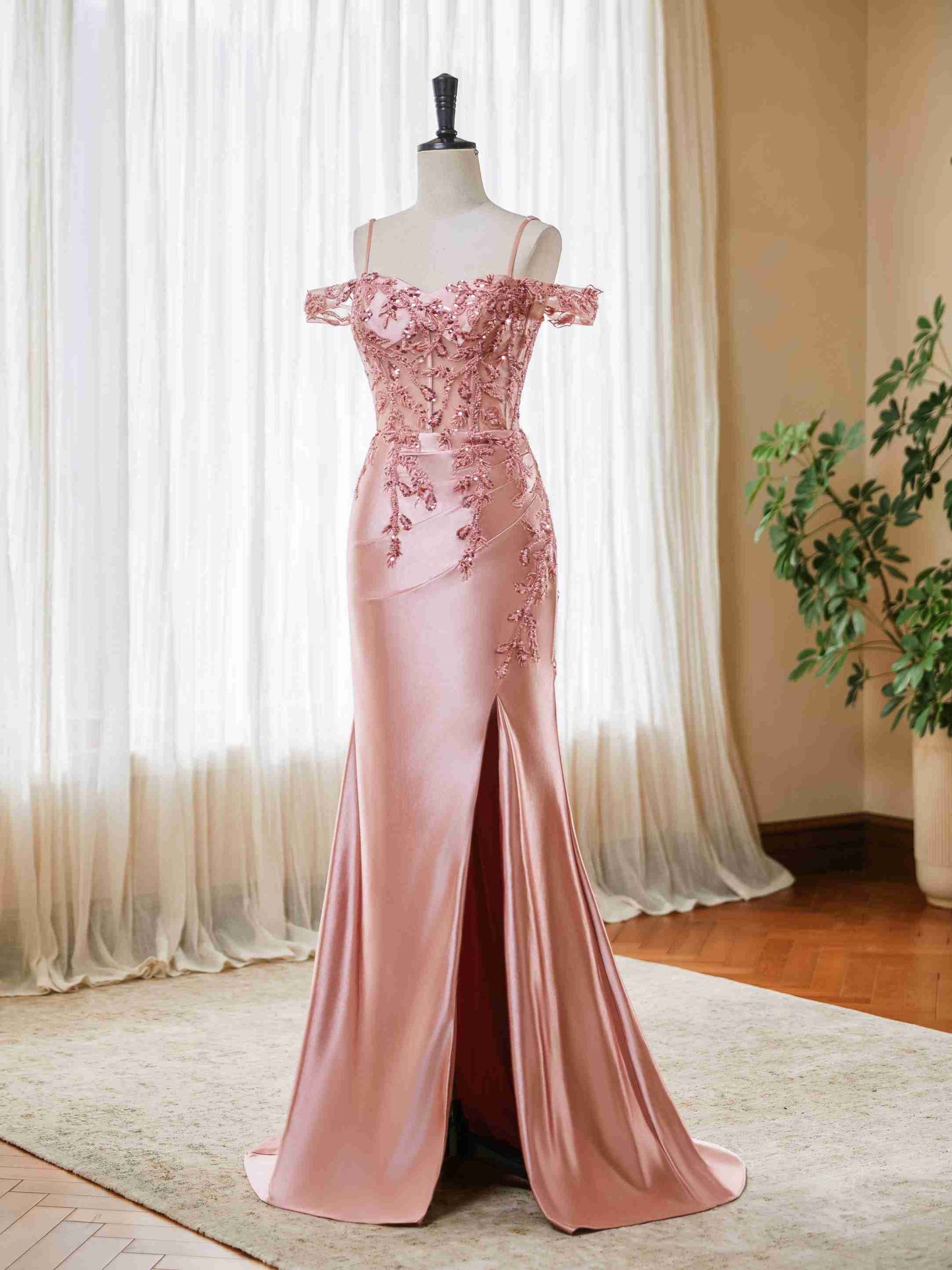 Mermaid Satin Prom Dresses 2025 Lace Applique Off Shoulder Formal Evening Gown with Slit