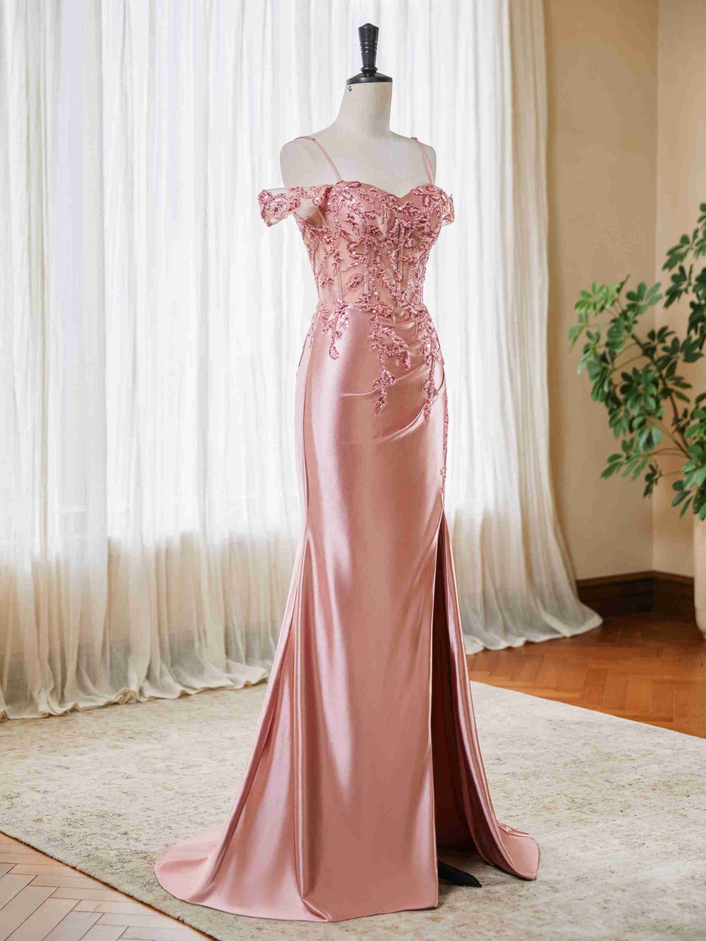 Mermaid Satin Prom Dresses 2025 Lace Applique Off Shoulder Formal Evening Gown with Slit