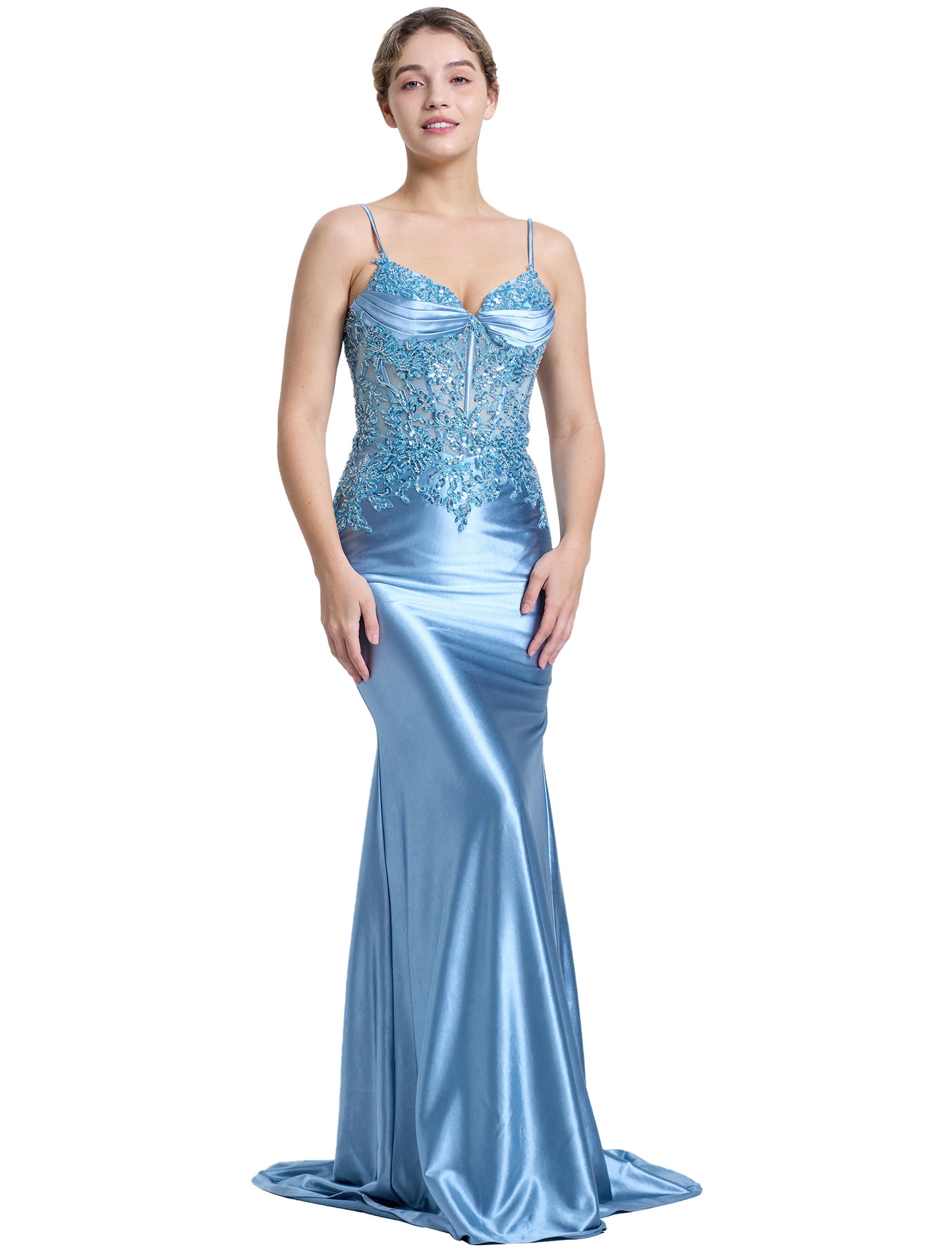 Silk Beaded Prom Dresses Long for Women Mermaid Formal Dresses Spaghetti Straps Evening Party Gowns