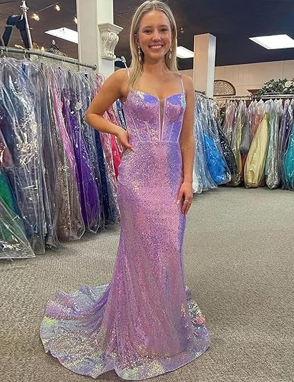 Women's Sequins Prom Dresses Long Mermaid Sexy Spaghetti Straps Formal Evening Ball Gowns 2025