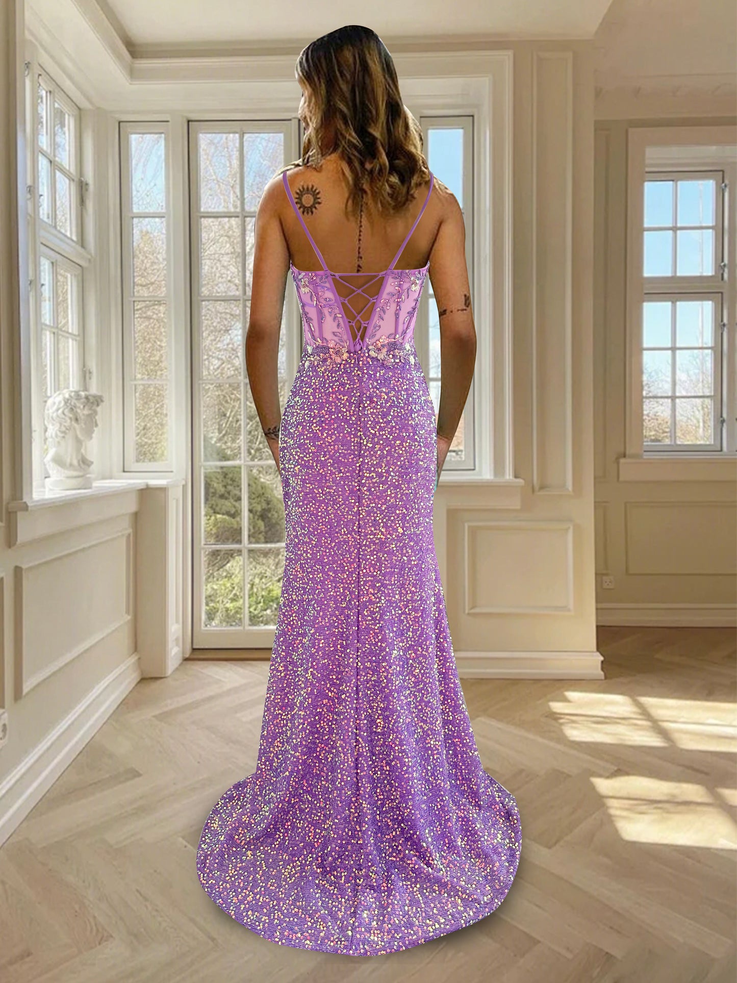 Sparkly Sequin Prom Dresses 2025 Long Mermaid Lace Applique Evening Dress Spaghetti Straps Pleated Formal Gown with Slit