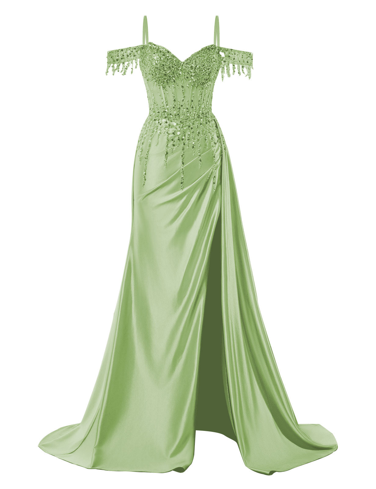 Off Shoulder Mermaid Prom Dresses Satin Corset Evening Gown Sequin Beaded Formal Dress with Slit
