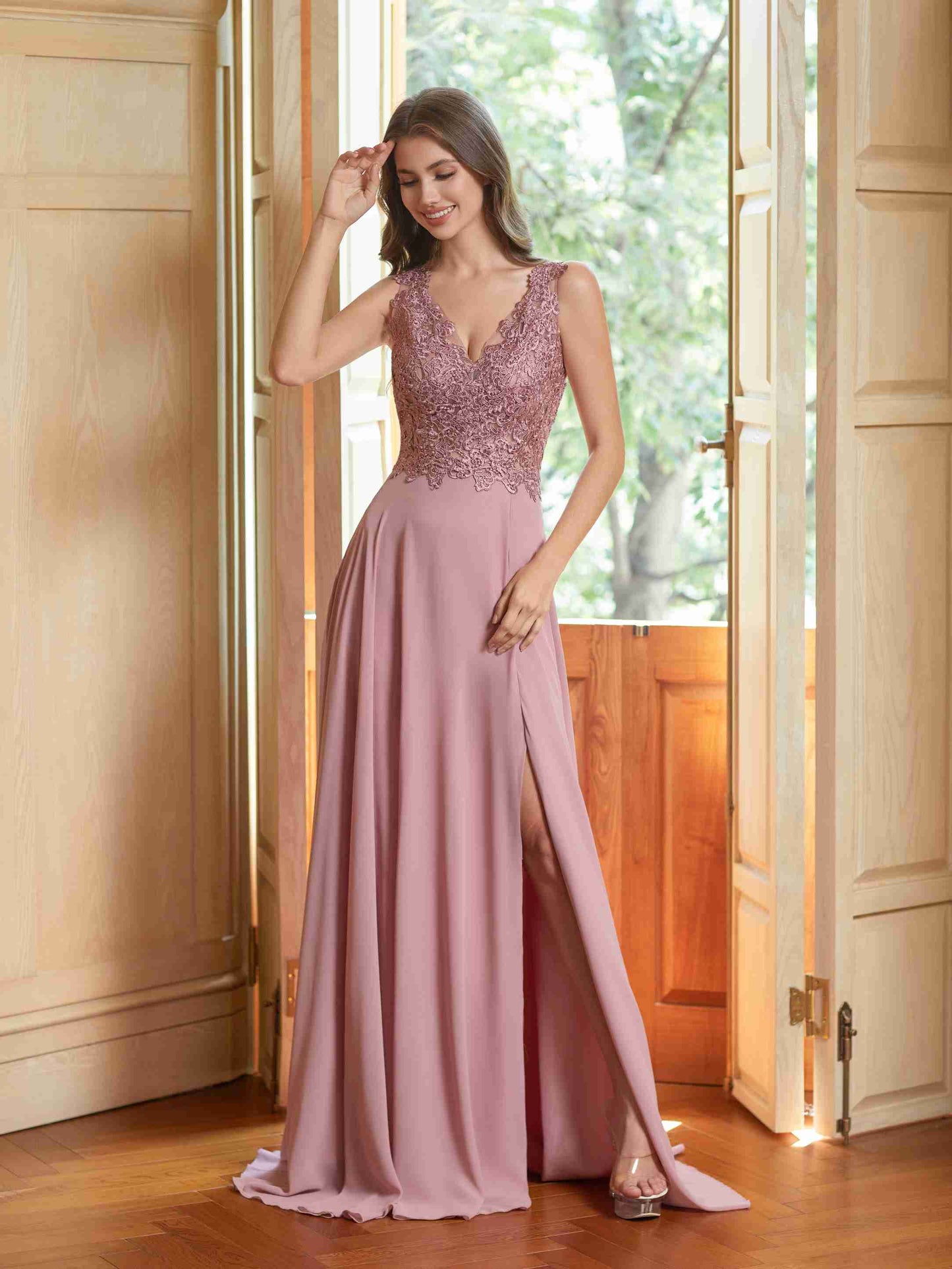 Lace Appliques Chiffon Bridesmaid Dresses 2025 Long Beaded Prom Dress A Line Formal Party Evening Gowns with Slit for Women