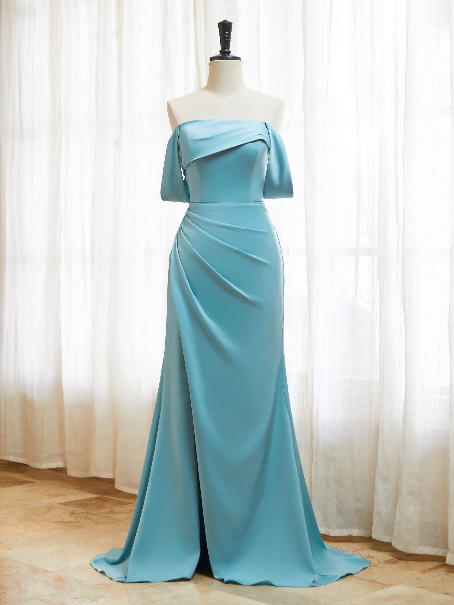 Off The Shoulder Satin Bridesmaid Dresses for Women Long Mermaid Pleated Prom Dresses with Slit