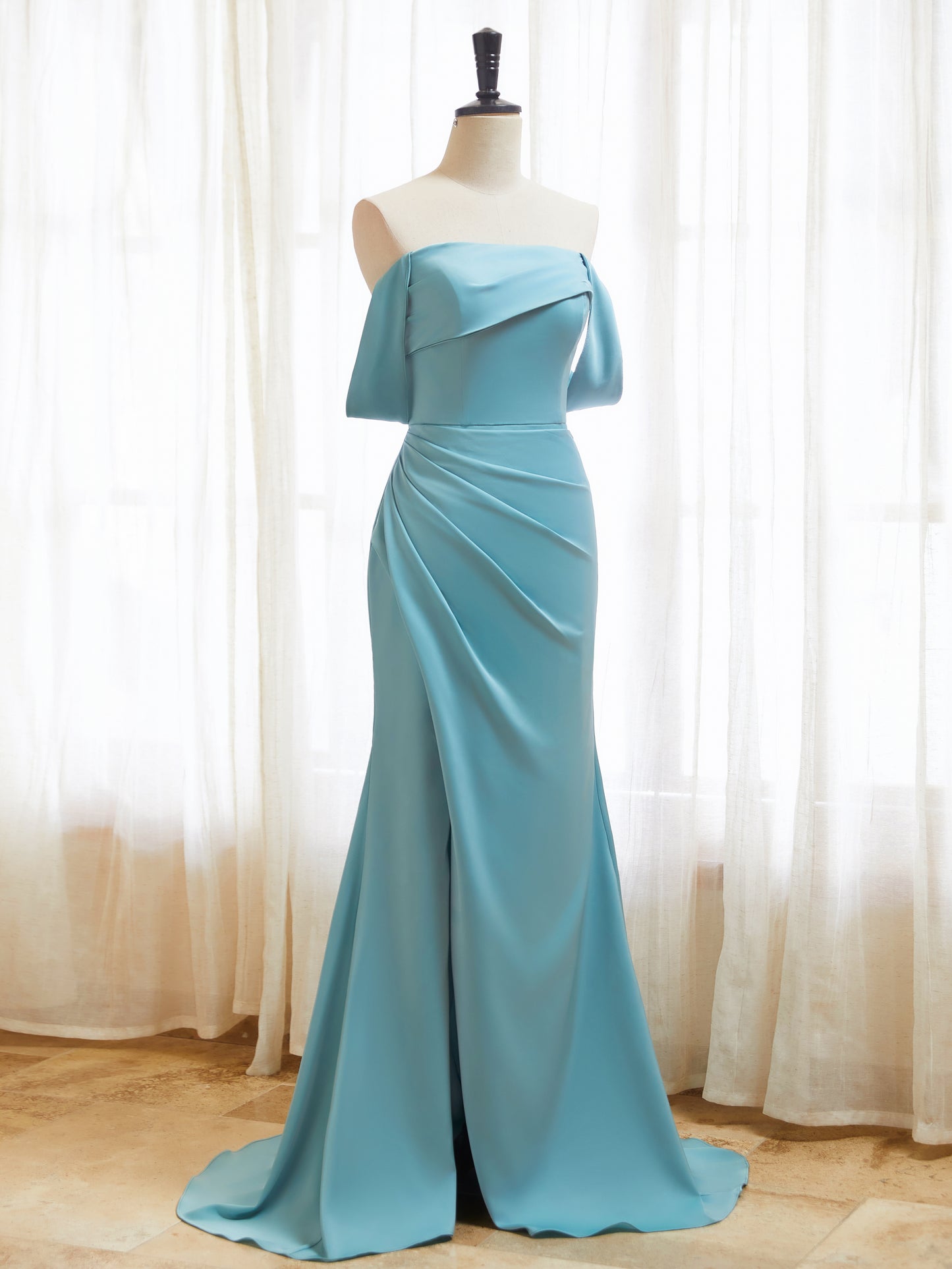 Off The Shoulder Satin Bridesmaid Dresses for Women Long Mermaid Pleated Prom Dresses with Slit