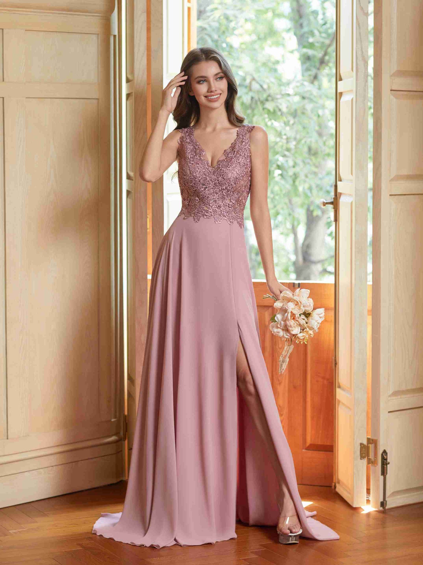 Lace Appliques Chiffon Bridesmaid Dresses 2025 Long Beaded Prom Dress A Line Formal Party Evening Gowns with Slit for Women