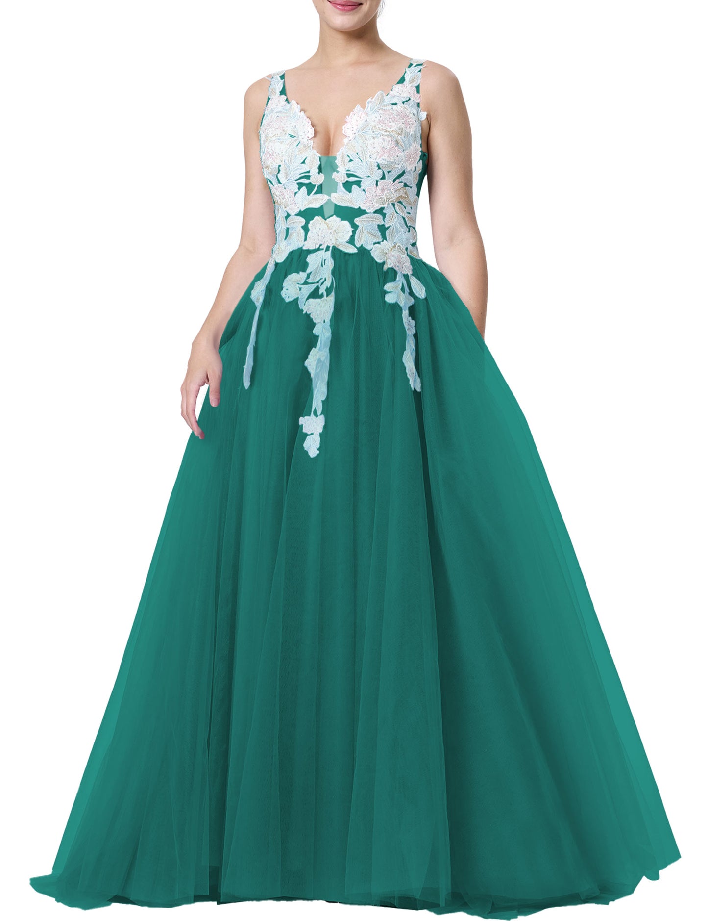 Tulle Prom Dresses V Neck Wedding Dresses Floral Embroidery Applique Quinceanera Dresses