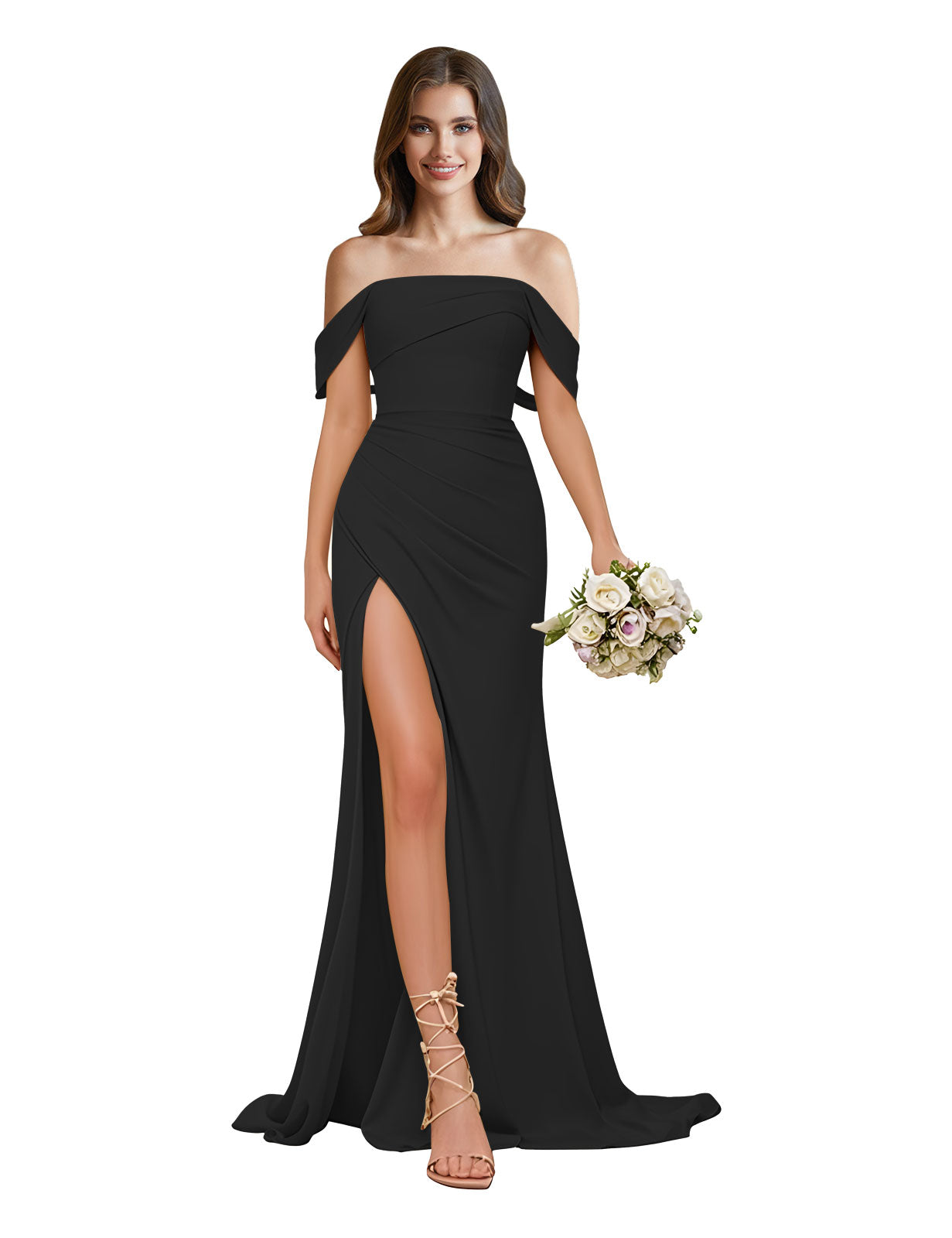 Off The Shoulder Satin Bridesmaid Dresses for Women Long Mermaid Pleated Prom Dresses with Slit