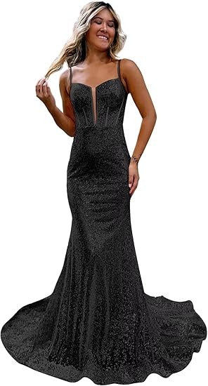 Women's Sequins Prom Dresses Long Mermaid Sexy Spaghetti Straps Formal Evening Ball Gowns 2025