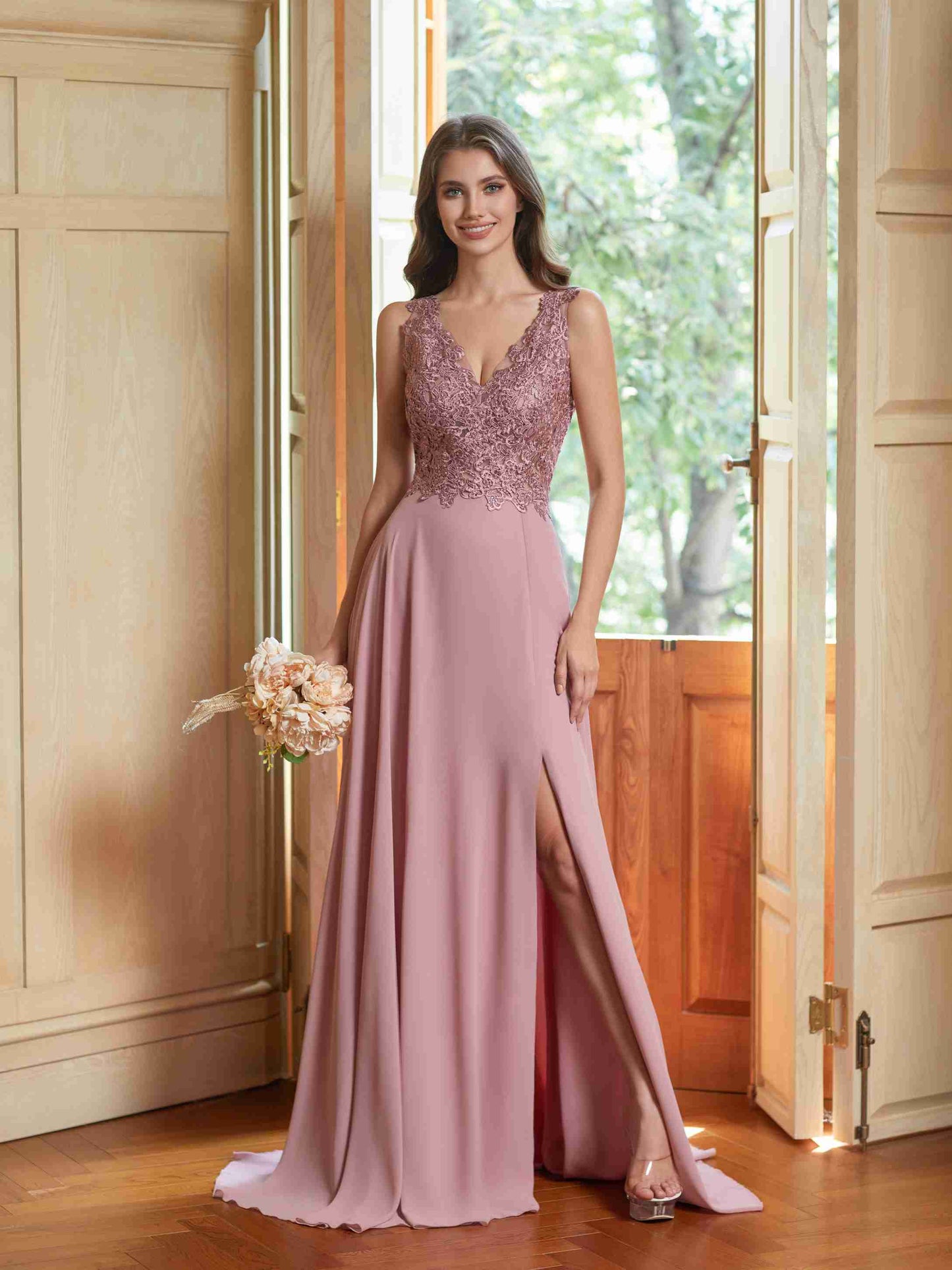 Lace Appliques Chiffon Bridesmaid Dresses 2025 Long Beaded Prom Dress A Line Formal Party Evening Gowns with Slit for Women