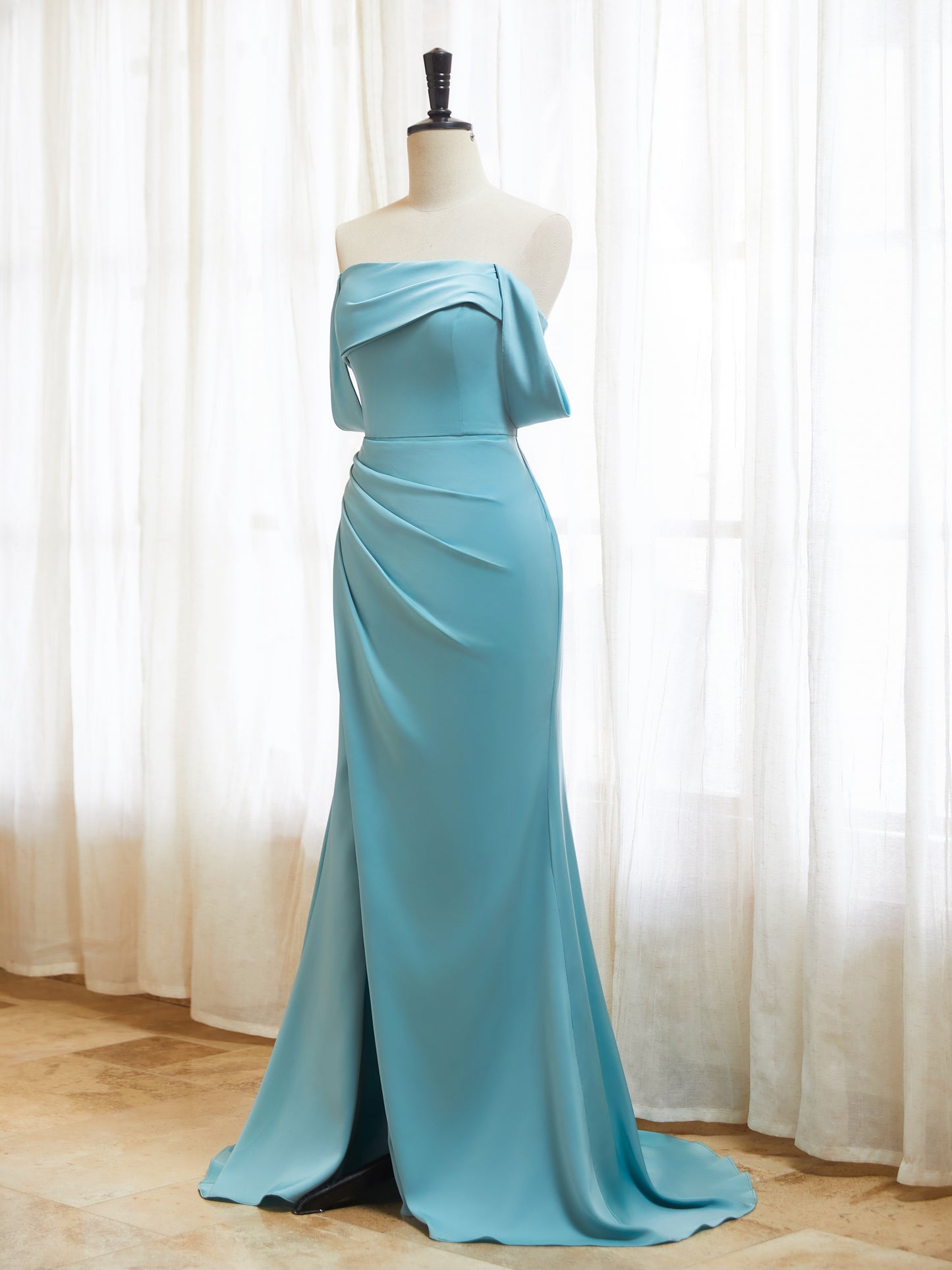 Off The Shoulder Satin Bridesmaid Dresses for Women Long Mermaid Pleated Prom Dresses with Slit
