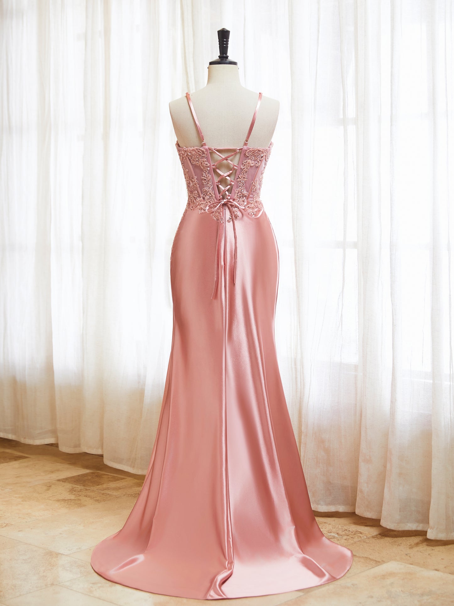 Spaghetti Straps Satin Prom Dresses 2025 Lace Appliques Mermaid Evening Gown Long Corset Formal Dresses with Slit