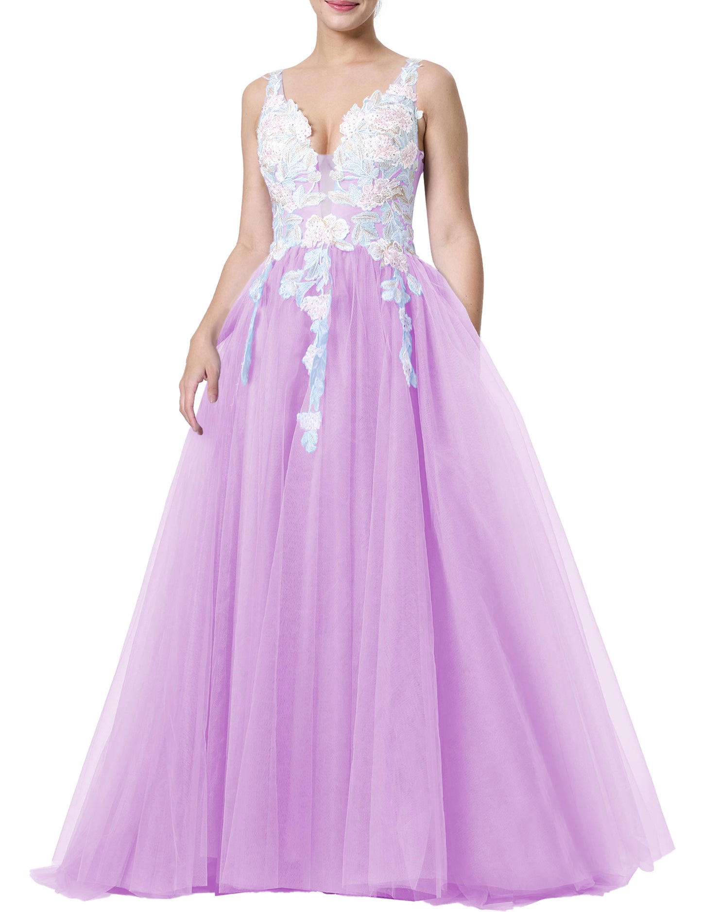 Tulle Prom Dresses V Neck Wedding Dresses Floral Embroidery Applique Quinceanera Dresses