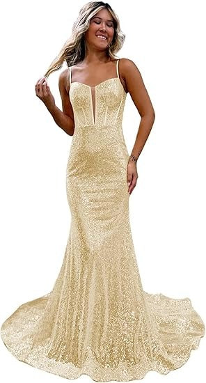Women's Sequins Prom Dresses Long Mermaid Sexy Spaghetti Straps Formal Evening Ball Gowns 2025