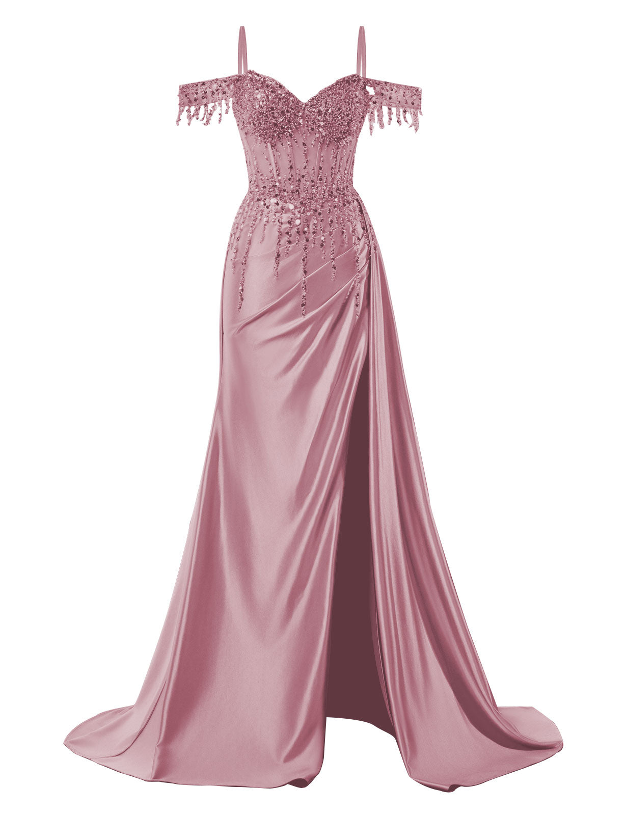 Off Shoulder Mermaid Prom Dresses Satin Corset Evening Gown Sequin Beaded Formal Dress with Slit