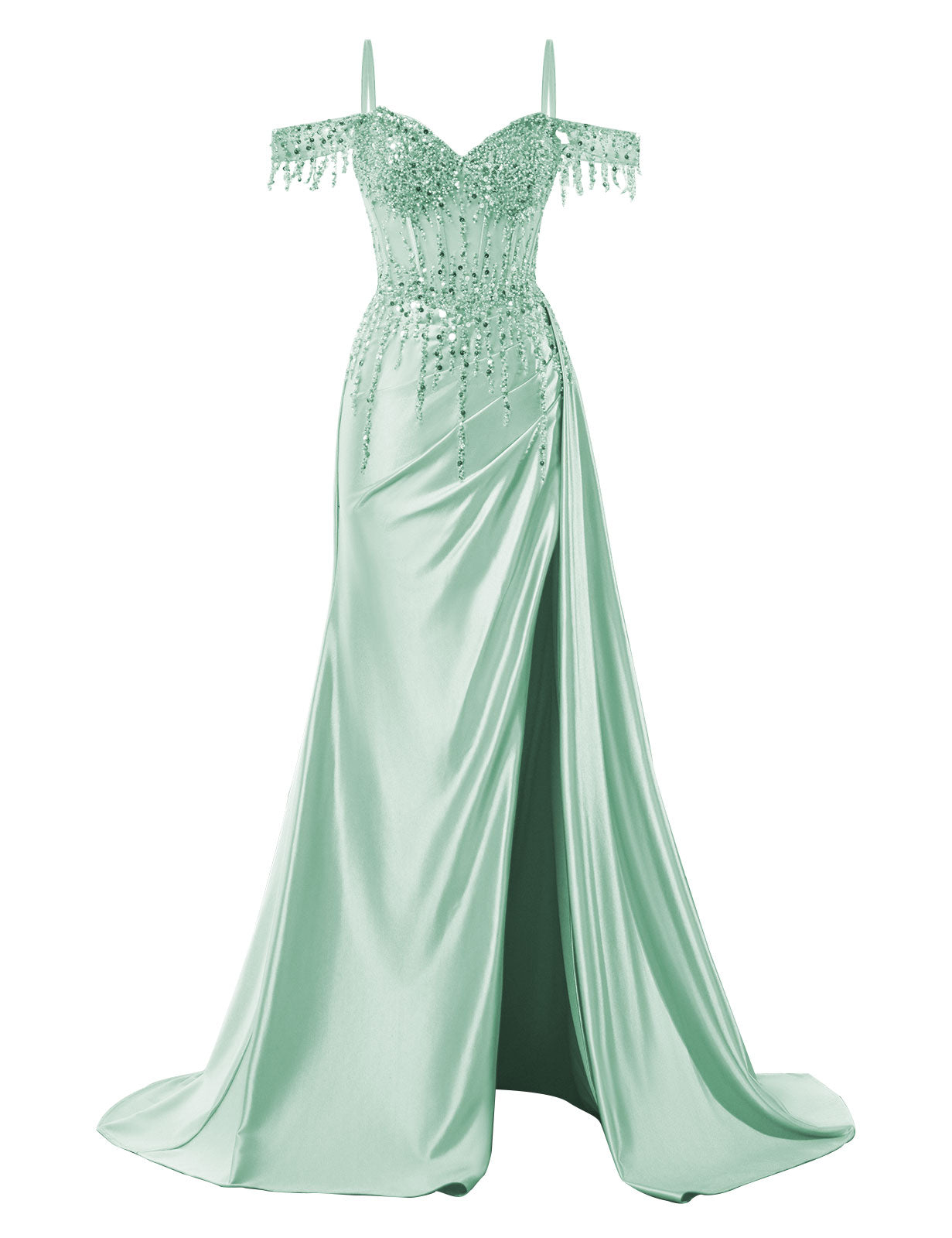 Off Shoulder Mermaid Prom Dresses Satin Corset Evening Gown Sequin Beaded Formal Dress with Slit