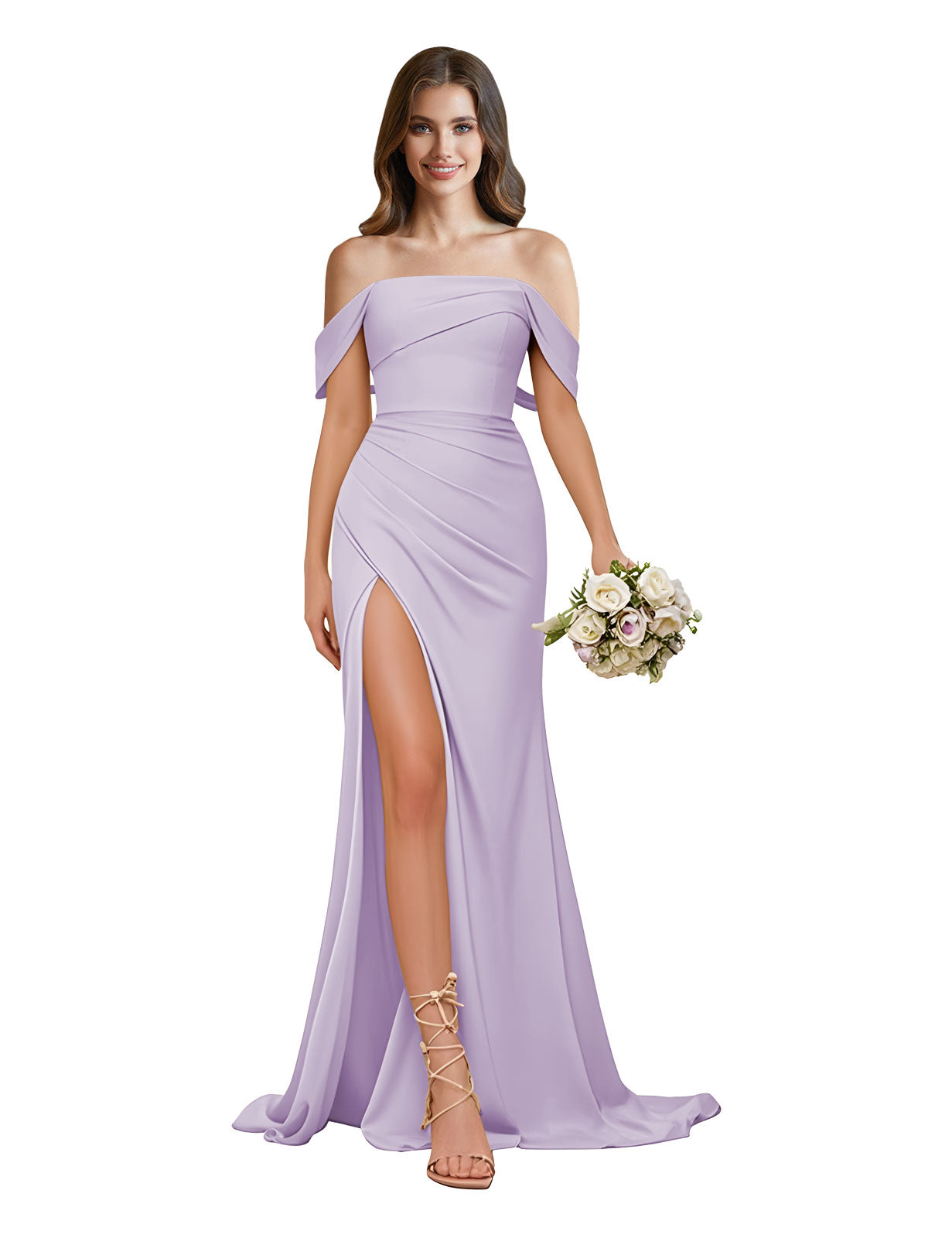 Off The Shoulder Satin Bridesmaid Dresses for Women Long Mermaid Pleated Prom Dresses with Slit