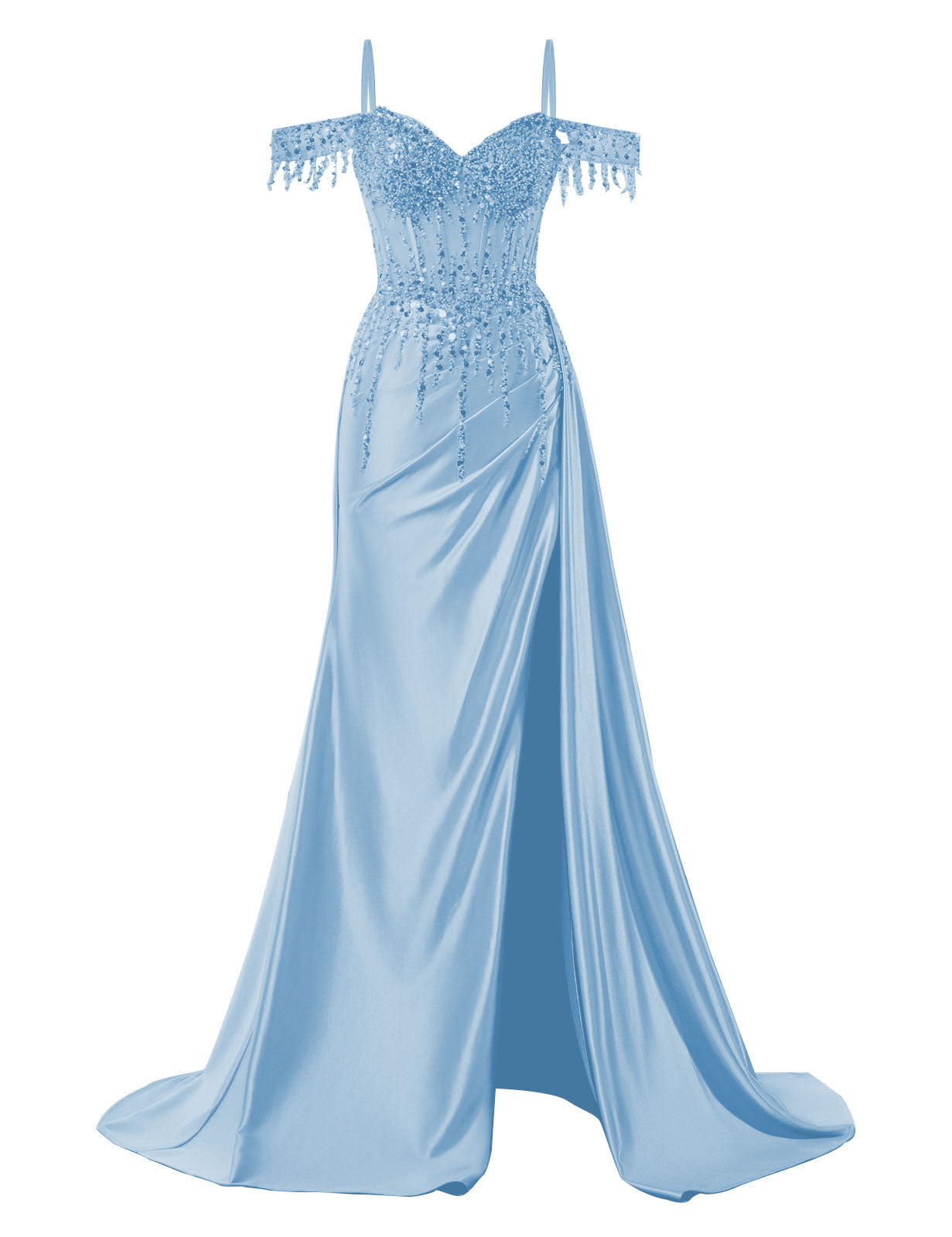 Off Shoulder Mermaid Prom Dresses Satin Corset Evening Gown Sequin Beaded Formal Dress with Slit