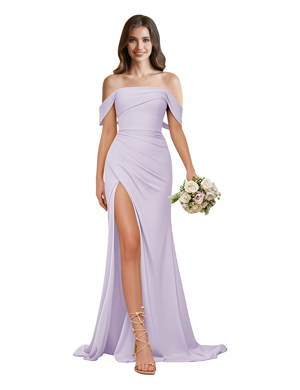 Off The Shoulder Satin Bridesmaid Dresses for Women Long Mermaid Pleated Prom Dresses with Slit