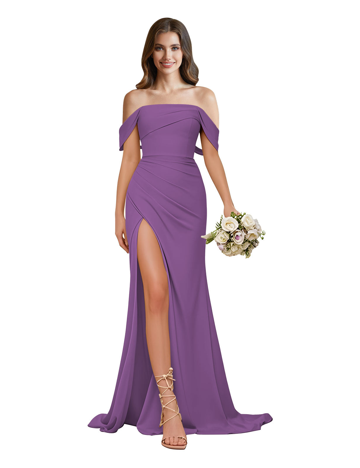 Off The Shoulder Satin Bridesmaid Dresses for Women Long Mermaid Pleated Prom Dresses with Slit