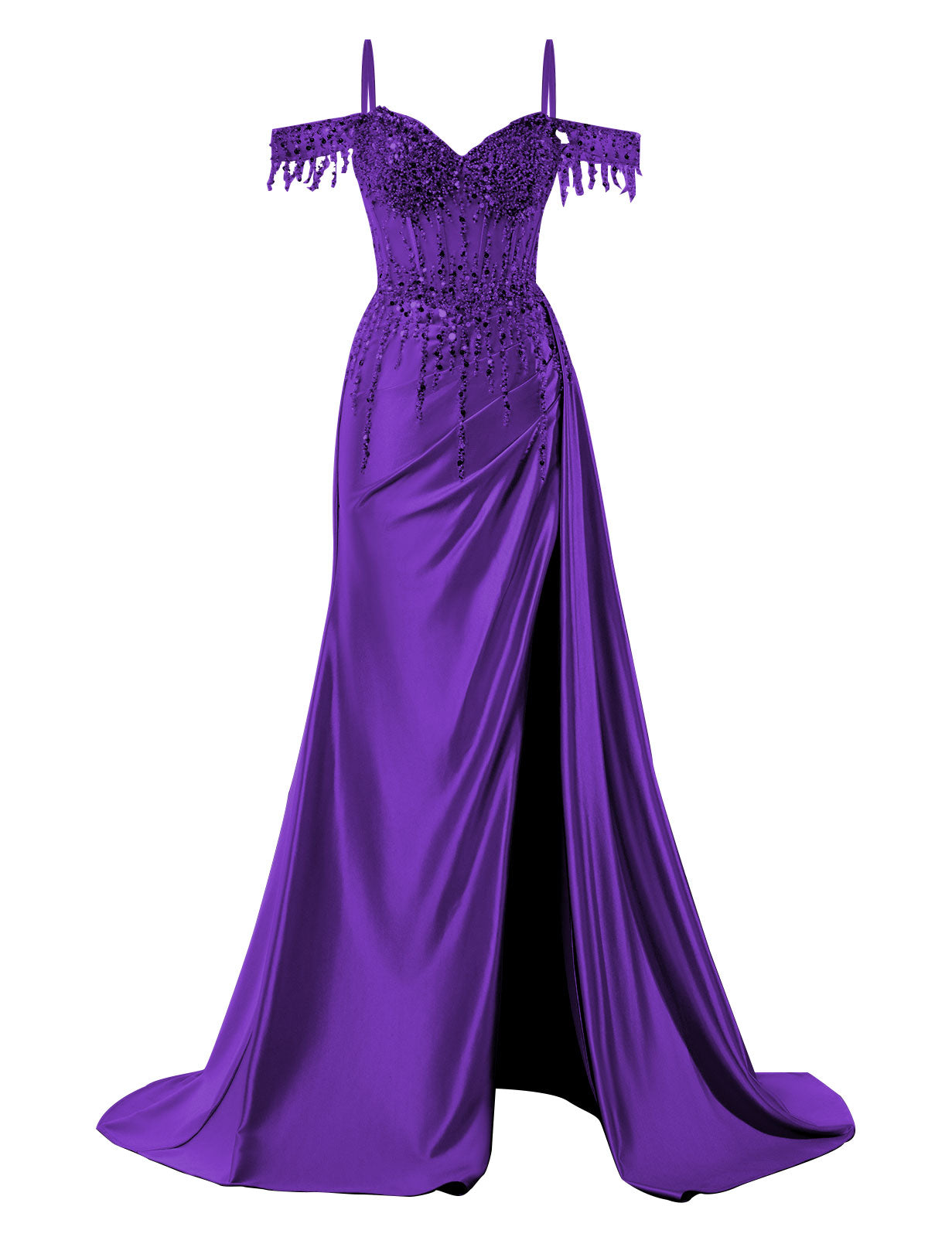 Off Shoulder Mermaid Prom Dresses Satin Corset Evening Gown Sequin Beaded Formal Dress with Slit