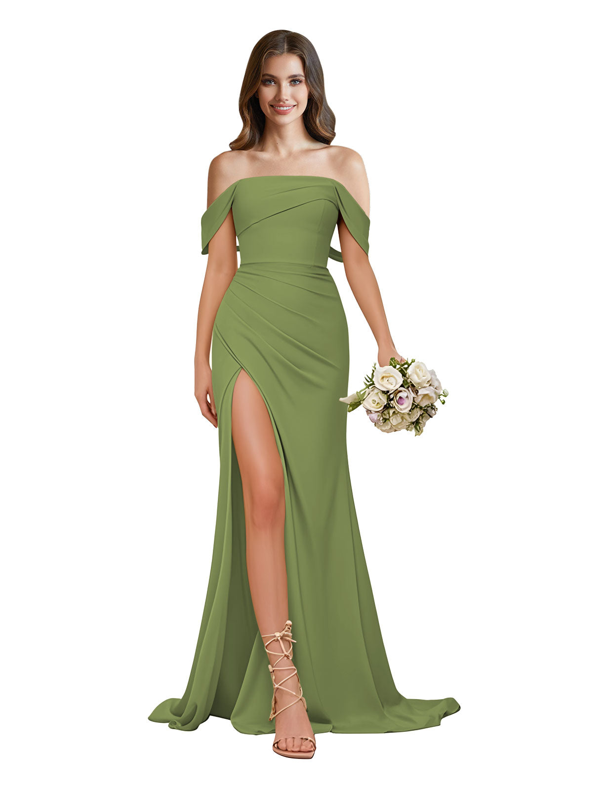Off The Shoulder Satin Bridesmaid Dresses for Women Long Mermaid Pleated Prom Dresses with Slit