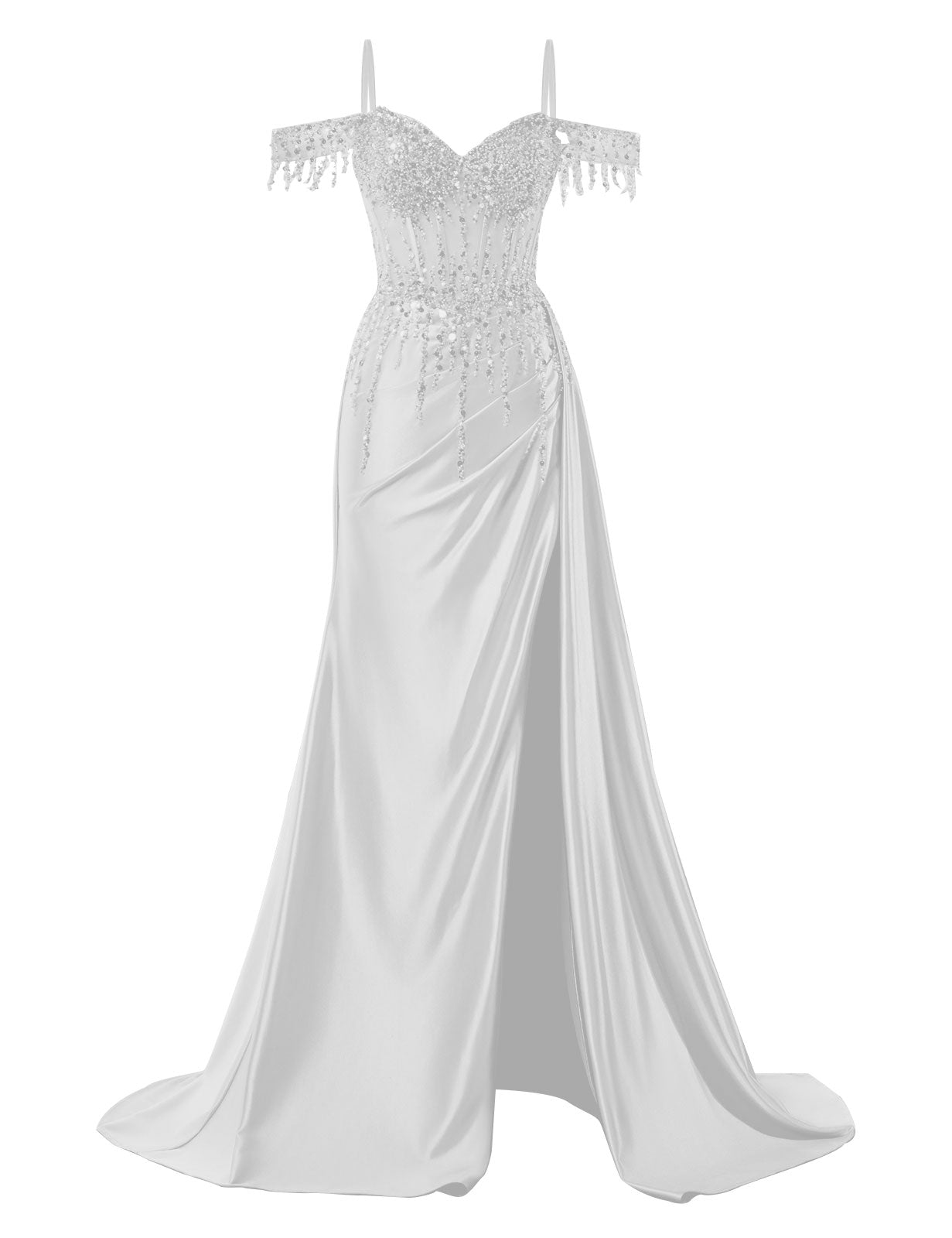 Off Shoulder Mermaid Prom Dresses Satin Corset Evening Gown Sequin Beaded Formal Dress with Slit