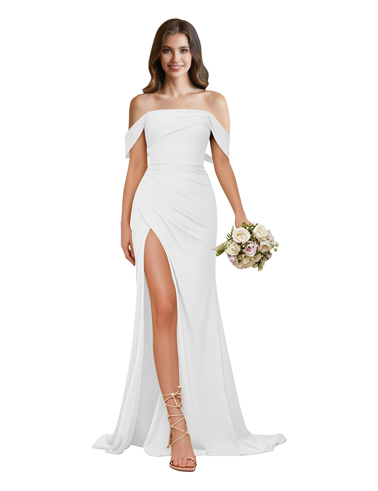 Off The Shoulder Satin Bridesmaid Dresses for Women Long Mermaid Pleated Prom Dresses with Slit