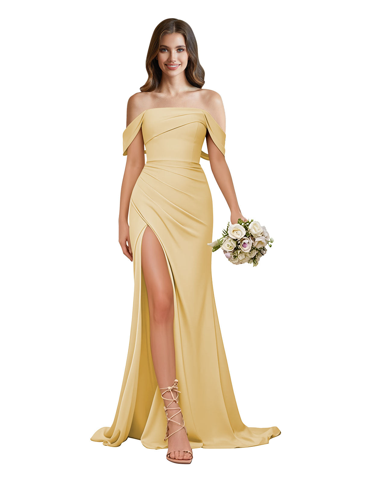 Off The Shoulder Satin Bridesmaid Dresses for Women Long Mermaid Pleated Prom Dresses with Slit