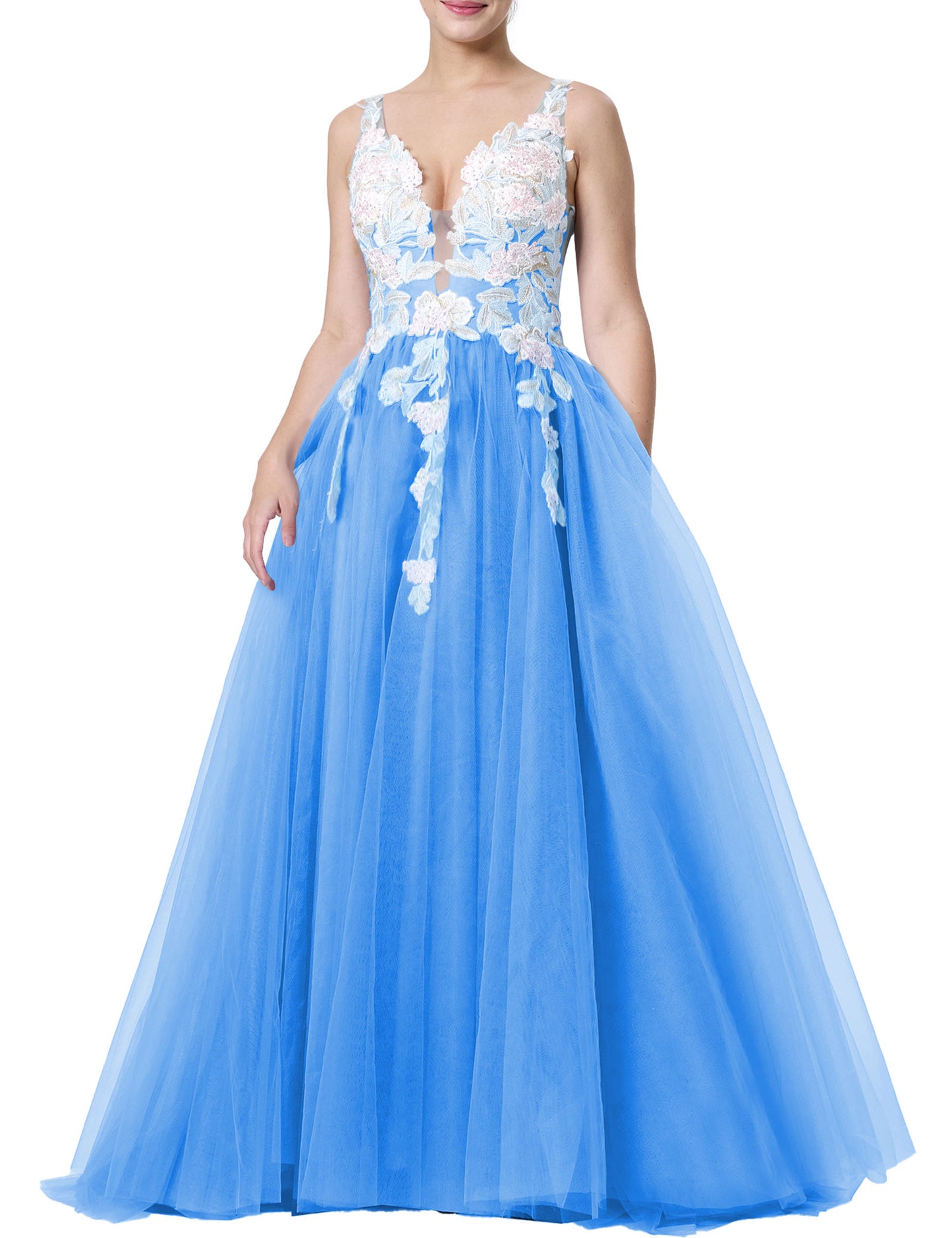 Tulle Prom Dresses V Neck Wedding Dresses Floral Embroidery Applique Quinceanera Dresses