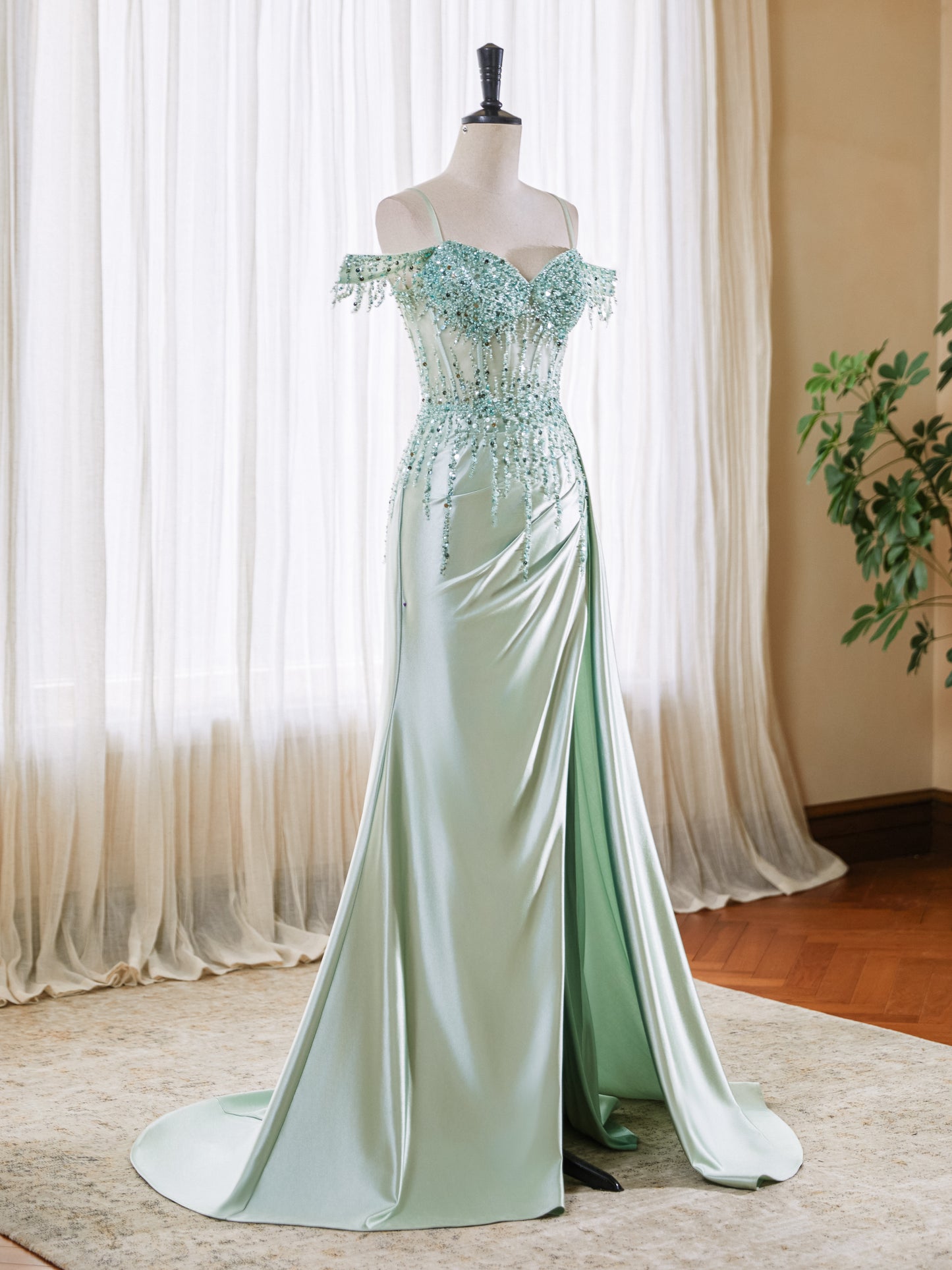 Off Shoulder Mermaid Prom Dresses Satin Corset Evening Gown Sequin Beaded Formal Dress with Slit