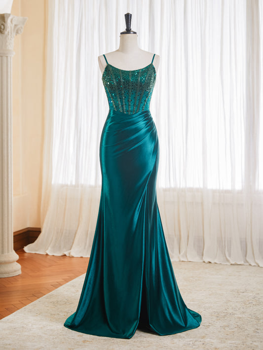Silk Satin Prom Dresses for Women 2025 Beaded Applique Spaghetti Straps Mermaid Formal Evening Gowns with Slit
