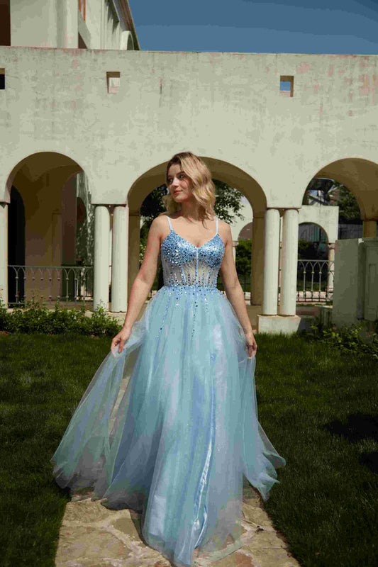 Tulle Prom Dresses for Teens 2025 Spaghetti Straps Long Ball Gown with Slit