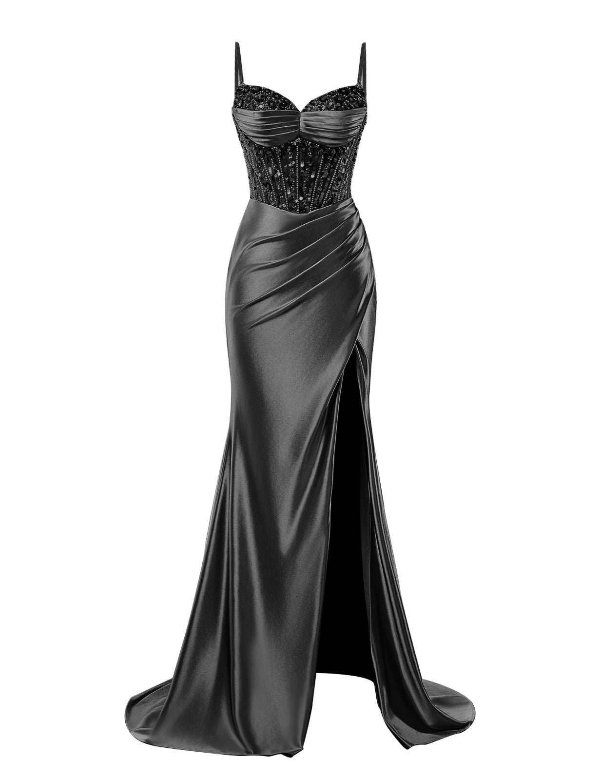 Spaghetti Straps Satin Prom Dresses with Slit 2025 Long Mermaid Corset Beaded Sequin V-Neck Ruched Evening Gowns
