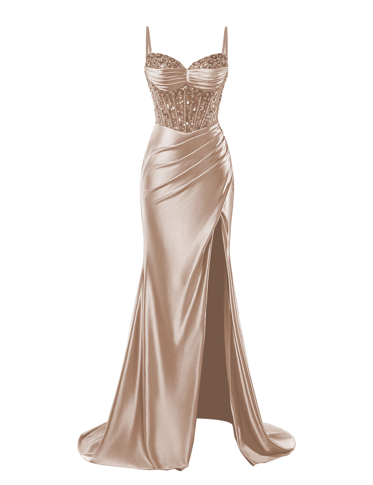Spaghetti Straps Satin Prom Dresses with Slit 2025 Long Mermaid Corset Beaded Sequin V-Neck Ruched Evening Gowns