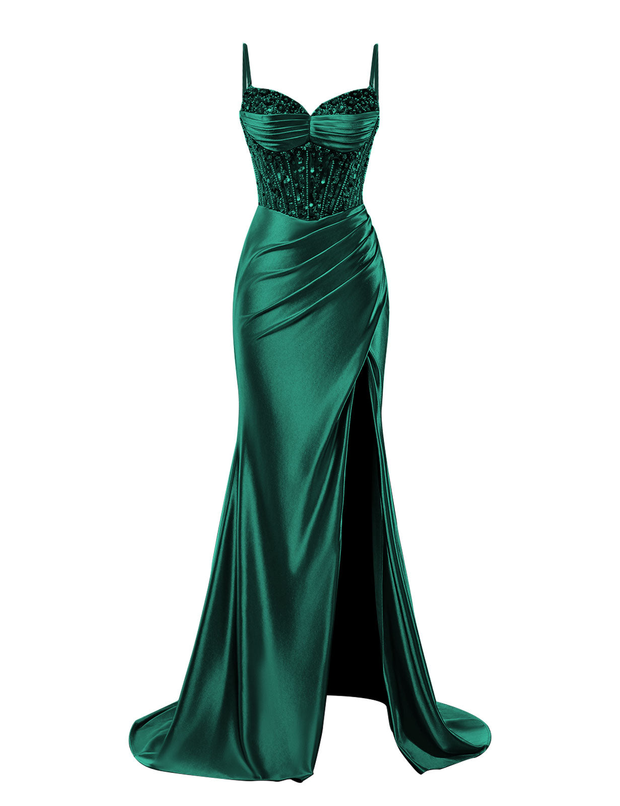 Spaghetti Straps Satin Prom Dresses with Slit 2025 Long Mermaid Corset Beaded Sequin V-Neck Ruched Evening Gowns