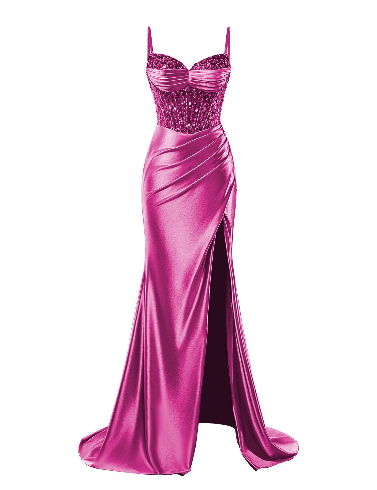 Spaghetti Straps Satin Prom Dresses with Slit 2025 Long Mermaid Corset Beaded Sequin V-Neck Ruched Evening Gowns