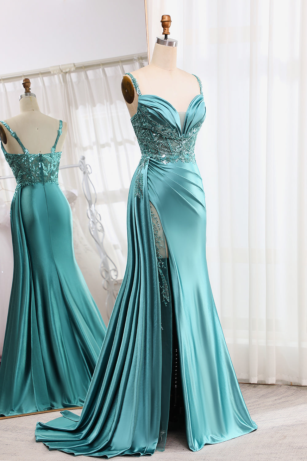 V Neck Satin Prom Dresses Long Mermaid Lace Evening Gown with Slit Pleated Bodycon Formal Dress with Tail