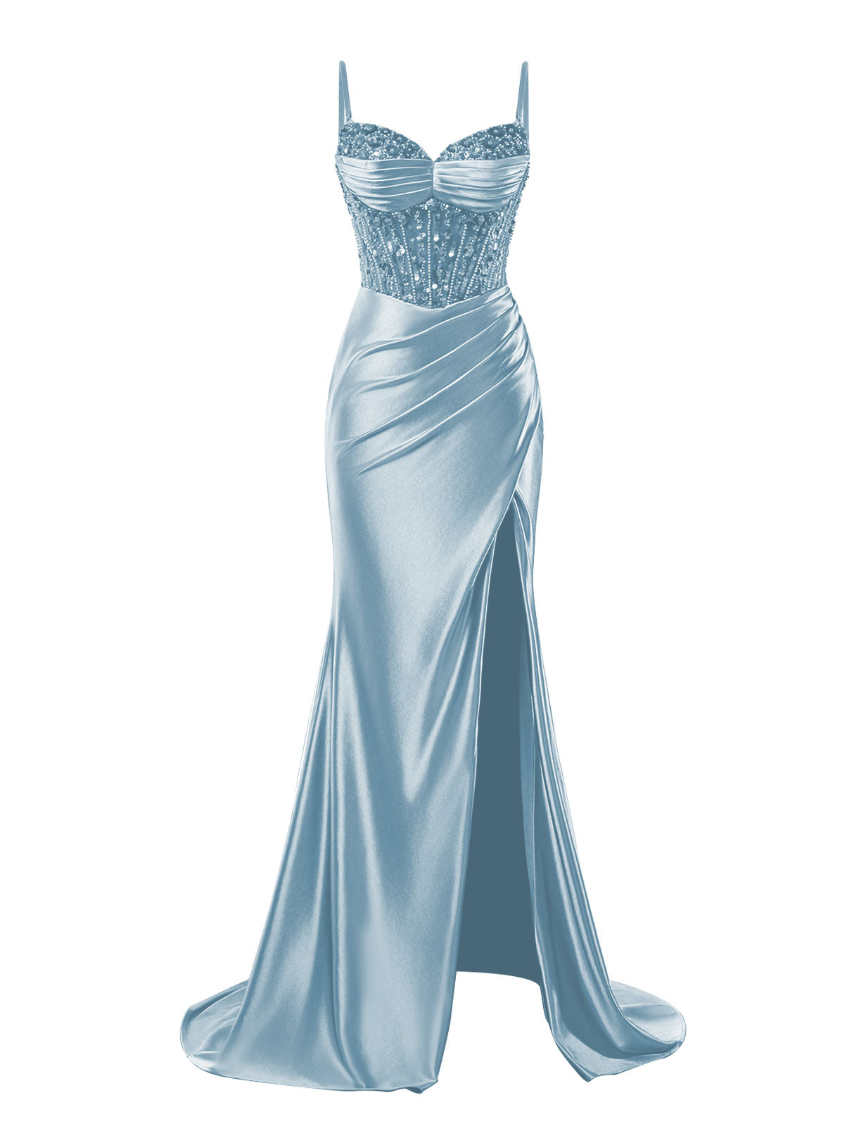 Spaghetti Straps Satin Prom Dresses with Slit 2025 Long Mermaid Corset Beaded Sequin V-Neck Ruched Evening Gowns