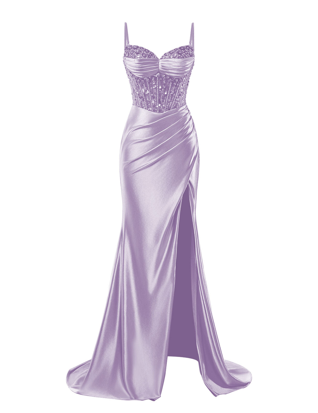 Spaghetti Straps Satin Prom Dresses with Slit 2025 Long Mermaid Corset Beaded Sequin V-Neck Ruched Evening Gowns