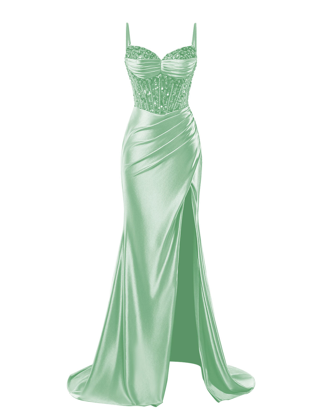 Spaghetti Straps Satin Prom Dresses with Slit 2025 Long Mermaid Corset Beaded Sequin V-Neck Ruched Evening Gowns