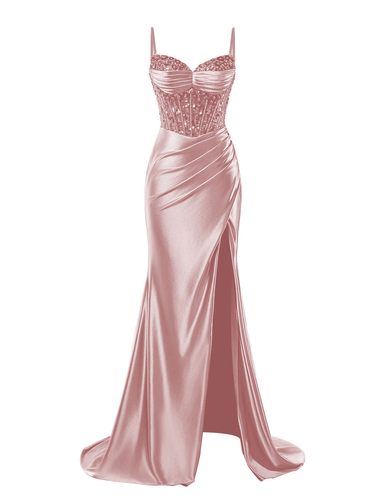 Spaghetti Straps Satin Prom Dresses with Slit 2025 Long Mermaid Corset Beaded Sequin V-Neck Ruched Evening Gowns