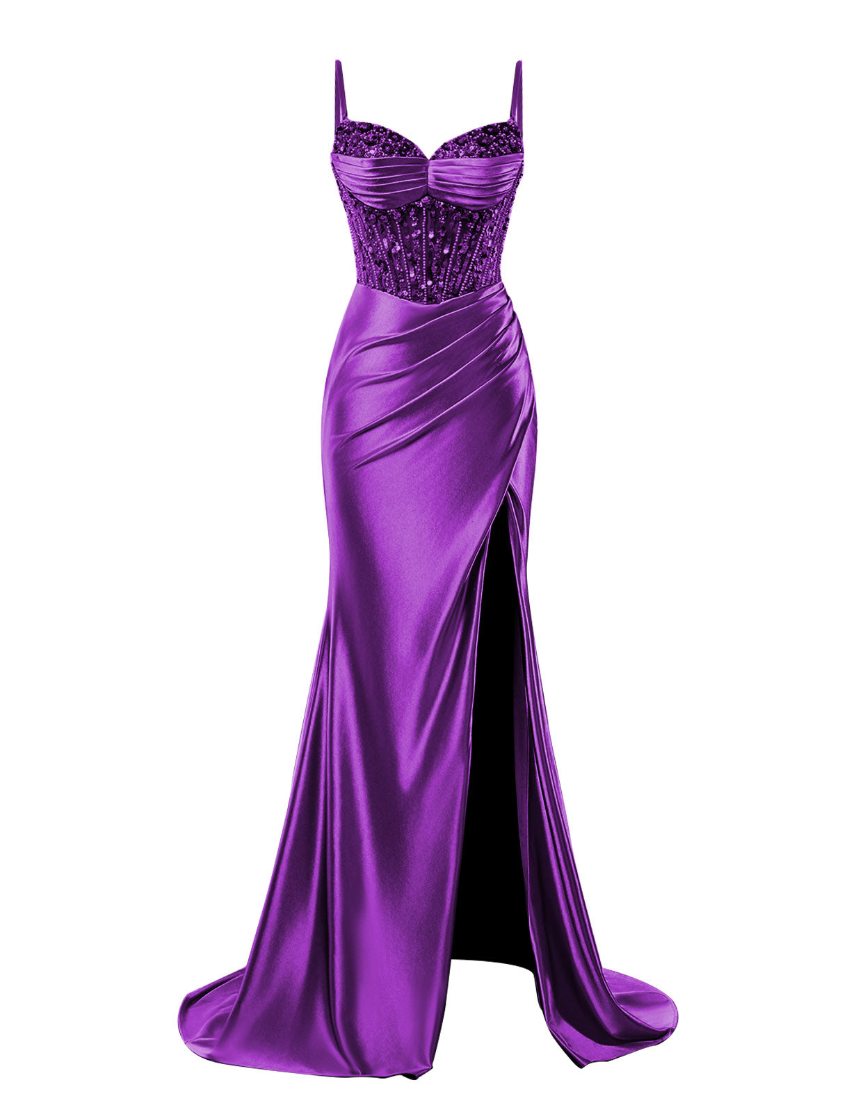 Spaghetti Straps Satin Prom Dresses with Slit 2025 Long Mermaid Corset Beaded Sequin V-Neck Ruched Evening Gowns