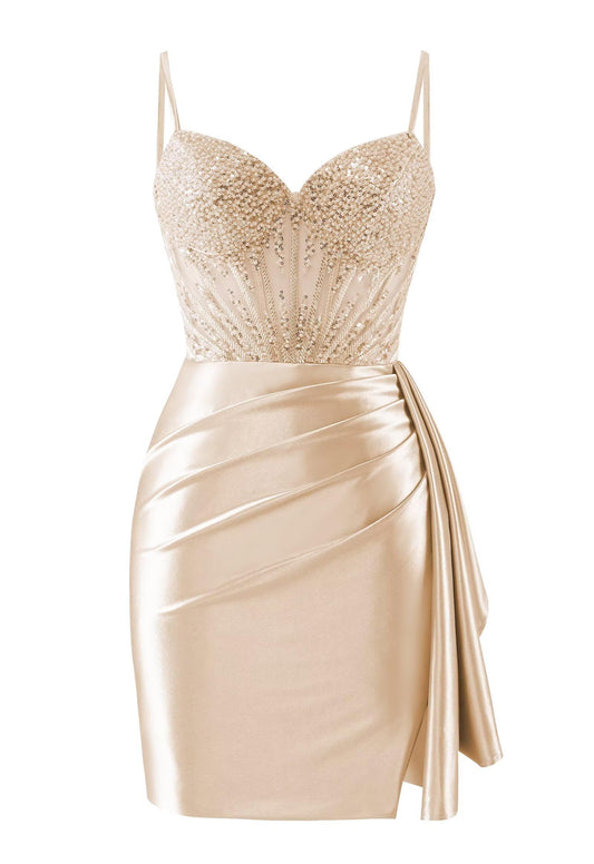 Sweetheart Satin Homecoming Dresses Tight Beaded Ruched Short Formal Prom Party Dress